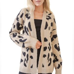 VESICA~SIZE L~ CHEETAH LONG CARDIGAN SWEATER TAN BLACK PRINT~